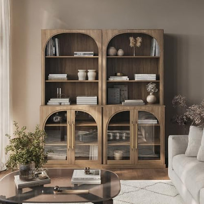 BELLEZE Glass Display Curio Cabinet Set of 2, 72" Tall Modern Wood 6-Tier Shelf Storage with Sturdy Aluminum Handle, Bookshelf Bookcase for Office, Living Room, Camel