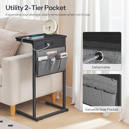 HOOBRO C Shaped End Table with Charging Station, Slide Under Couch Table
