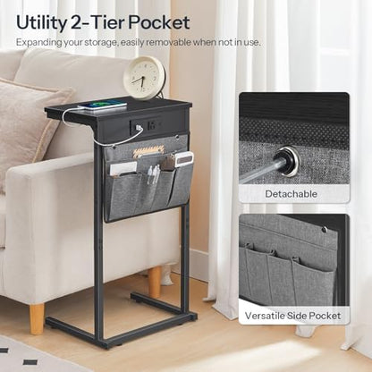 HOOBRO C Shaped End Table with Charging Station, Slide Under Couch Table