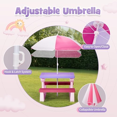 JOYMOR Kids Picnic Table with Removable Umbrella, Plastic Kids Activity Table for Outdoors, Toddler Table and Bench Set for Ages 3+, Ideal for Garden, Patio, Pink & Purple
