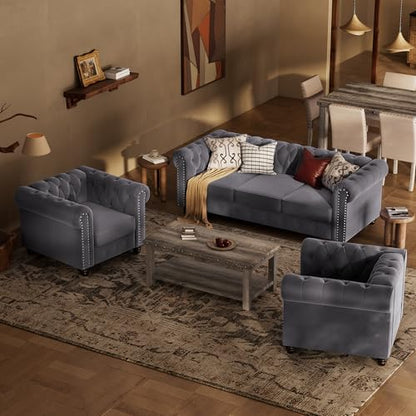 Morden Fort 3 Piece Classic Chesterfield Sofa Set, 2 Tufted Chairs & 3-Seater Sofa with Solid Wood Leg Thick Cushion, Pet-Friendly Couch Set Furniture for Living Room Bedroom Apartment, Velvet Grey