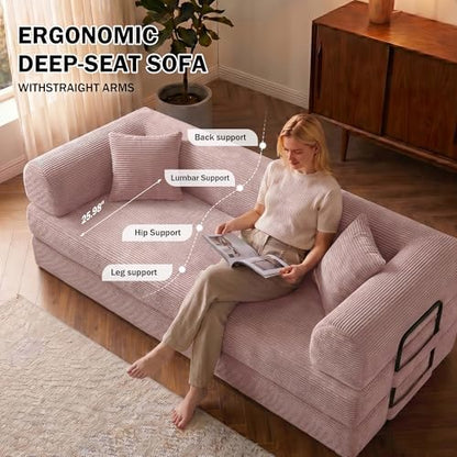 79" Convertible Futon Sofa Bed, Boneless Couch, Pink