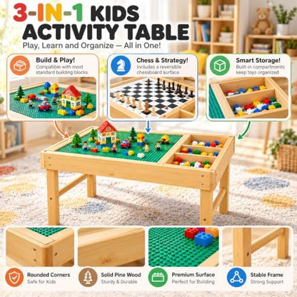 3-in-1 Solid Wood Lego Table for Kids with Storage, Flip Top