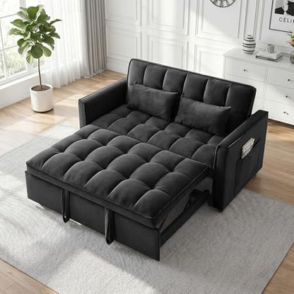 53" Sofa Bed, Velvet 3-in-1 Pull Out Couch & Loveseat Sleeper Sofa, Compact Convertible Folding Couch with Adjustable Backrest for Small Spaces, Black