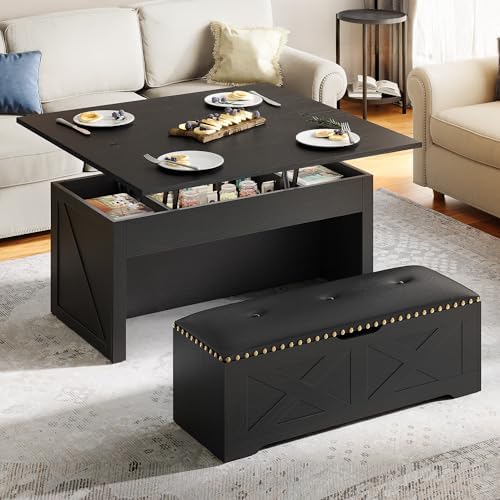 YITAHOME Lift Top Coffee Table Set with Storage Ottoman Bench & Wheels, 4 in 1 Convertible Dinning Center Tables with Hidden Compartment, Farmhouse Coffee Tables for Living Room Furniture, Black