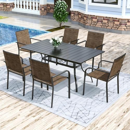 Anmutig 7-Piece Outdoor Dining Set, 63" Patio Table, Stackable Chairs Brown
