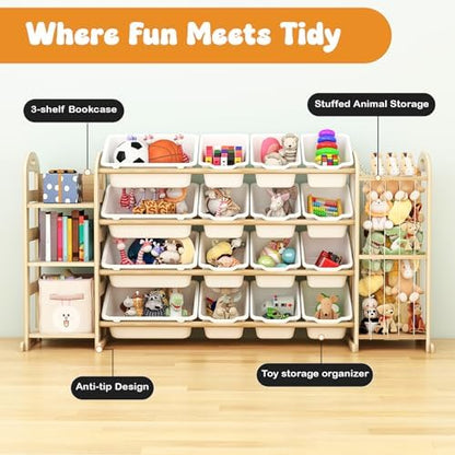 Large Toy Storage Organizer with 16 Bins, 3-Shelf Bookshelf, White