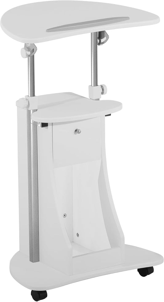 Adjustable Height Rolling Laptop Cart with Storage, Sit to Stand Desk with Wheels, Podium Stand or Medical Cart, White