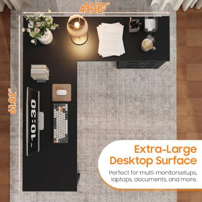Vabches 61”Farmhouse L Shaped Executive Desk with Drawers, Pure Black