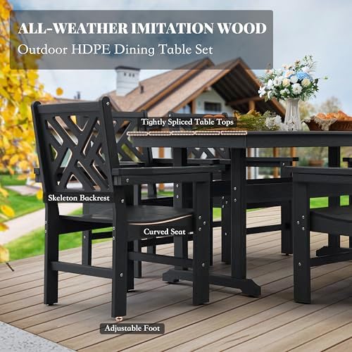 HDPE Outdoor Dining Set,6-Piece Outdoor Table and Chairs Include 4 Dining Chairs and 2 Pcs 62.5" Patio Dining Table with Umbrella Hole (Black)