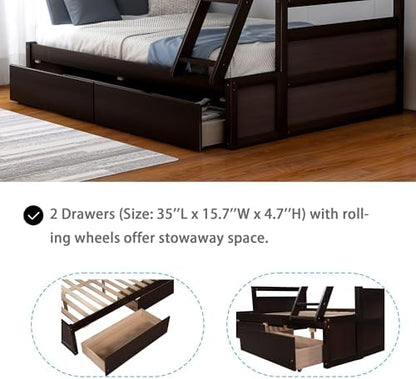 Merax Twin Over Full Bunk Bed, Wood Bunk Bed with Removable Ladders and Two Storage Drawers, Convertible into Two Individual Beds (Espresso)