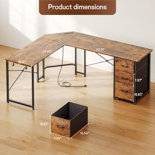 DurayLoly 62“ L Shaped Gaming Desk with Power Strip,3 Drawers&Side Hooks