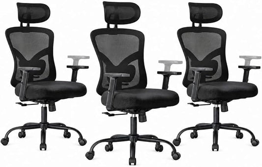 Marsail Ergonomic Office Chair Ergonomic Gaming Chair with Lumbar Support, 2D Headrest, Adjustable Armrests, Contoured Seat Cushion, Computer Desk Chair with Wheels for Home and Office, Pack of 3