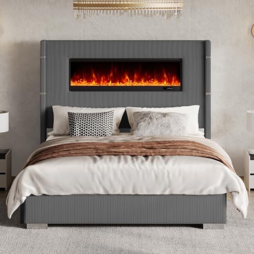 AMERLIFE Queen Bed Frame with Fireplace, Upholstered Headboard, Dark Gray