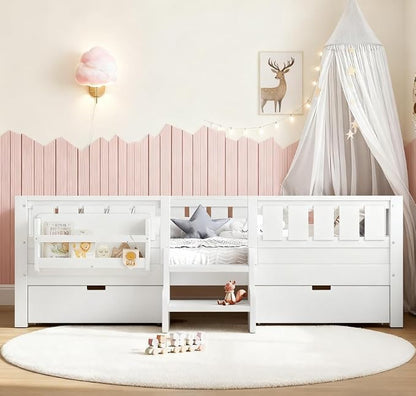 Bellemave Twin Size Kids Bed with high Rails and with Built-in Bookshelf and Drawers for Kids, Girls, Boys, Wood Montessori Bed Without Door, White
