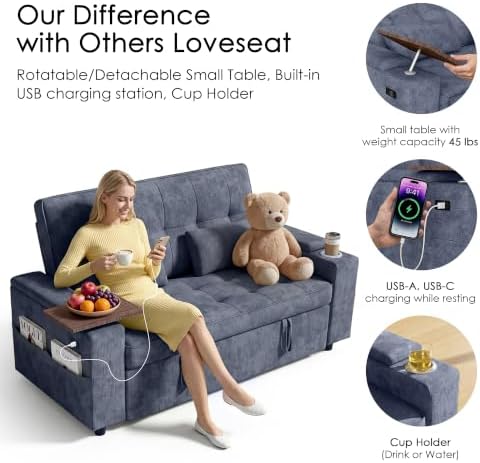 65in Sleeper Sofa Bed, Pull Out Couch for Living Room(Blue)