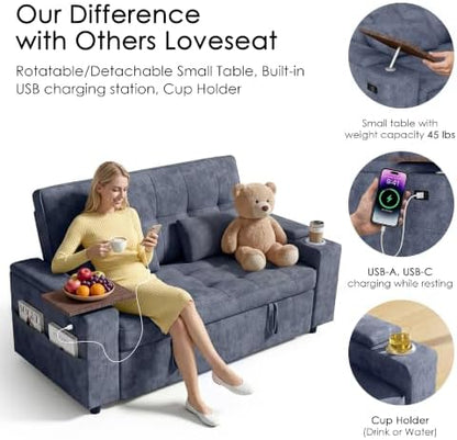 65in Sleeper Sofa Bed, Pull Out Couch for Living Room(Blue)