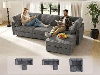 KKL Modular Sectional Sofa L-Shaped 4 Seater Couch with Storage Ottoman, Plush Wide-Wale Corduroy Couch for Living Room, Apartment, Modern Design, Gray