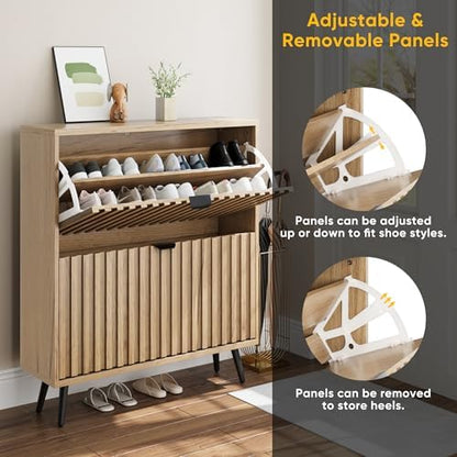 Smuxee Shoe Cabinet with 2 Flip Drawers, 31.5" Natural Hidden Shoe Storage Cabinet with Fluted Design, Freestanding Shoe Organizer Cabinet for Entryway, Hallway, Closet, Living Room