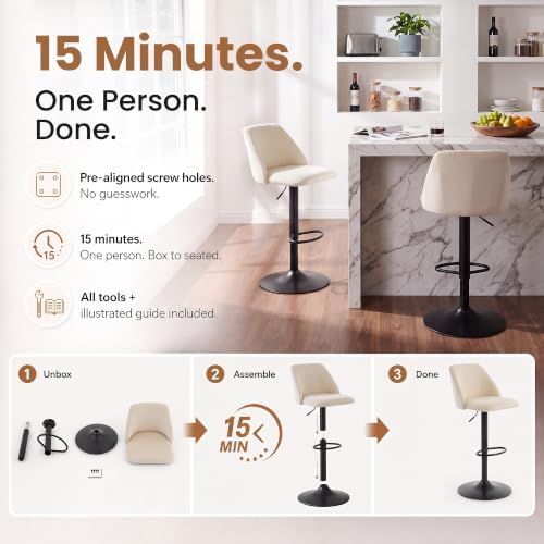 COLAMY Adjustable Upholstered Bar Stools Set of 6,360° Swivel Counter Height Chairs with Soft Cushioned Seat & Stable Metal Base for Kitchen Island,250 LBS Capacity,Easy Assembly,Beige