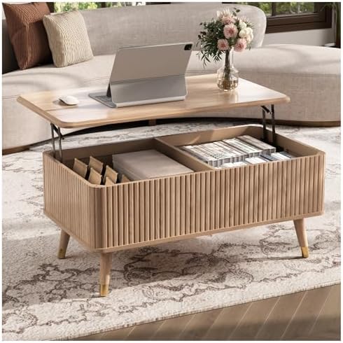 JOINICE Lift Top Coffee Table with Storage, Mid Century Modern Rectangular Center Table, Fluted Design with Hidden Compartment, Rising Desk for Work from Home, Living Room Furniture, Oak Finish