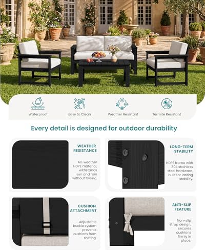 SERWALL 5 Pieces HDPE Outdoor Conversation Sofa Set with Cushion