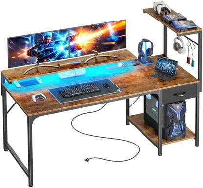 PRAISUN 55.1 Inch Gaming Desk with LED Lights & Power Outlets