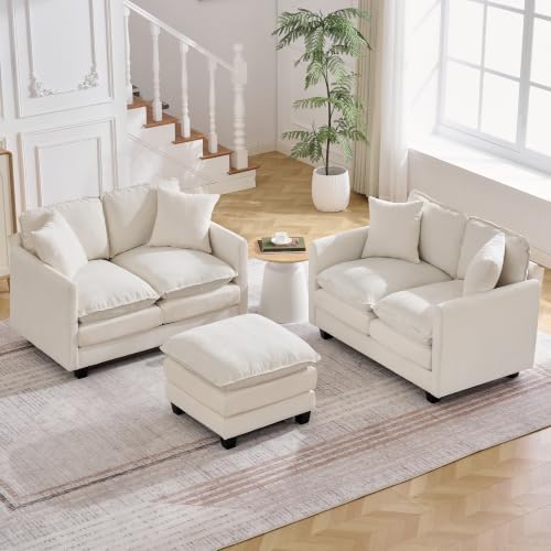 Cloud 3 Pieces Sofa Set, 2+2 Seater Couch+1 Ottoman, Modern Sofas Sets with Deep Seat, Modular Sectional Couches Sets for Living Room, Bedroom, Small Apartment, Beige