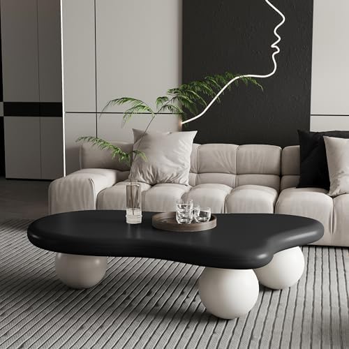 47" Cloud Shaped Coffee Table with 3 Ball Legs, Modern Minimalist Accent Tea Table for Living Room, Bedroom, Apartment or Office, Spacious MDF Surface, Kid & Pet Friendly, Black+White