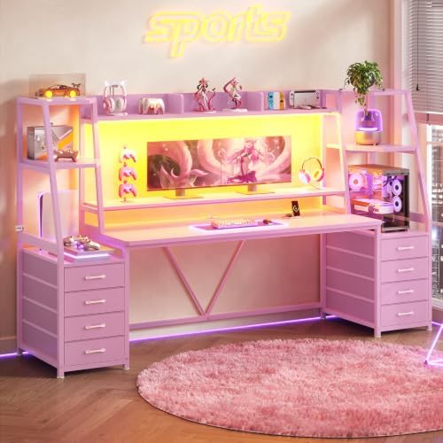 SEDETA 79'' Gaming Desk with LED Lights,8 Drawers and Storage Shelves, Pink