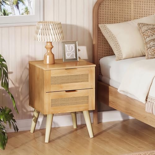 WLIVE Wooden Nightstands Set of 2, Rattan Night Stand with 2 Drawers