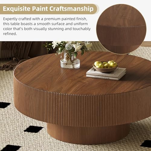 Merax Modern 35.4 Inch Round Large Coffee Table with Sturdy Base, Walnut