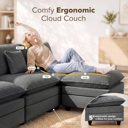 Oversized Cloud Couch Sectional, Deep Seat Modular Sofa with Ottoman, Grey