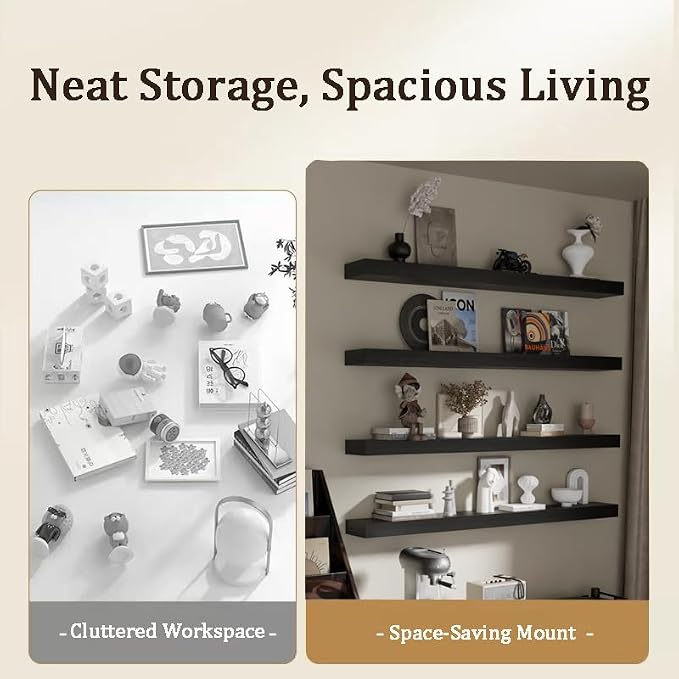 Floating Shelves for Wall, 48 Inch Extra Long Black Wall Shelves, Set of 4, Hanging Invisible Brackets Floating Shelves for Living Room,Bedroom,and Kitchen