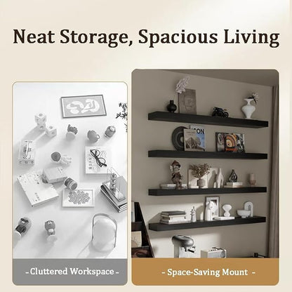 Floating Shelves for Wall, 48 Inch Extra Long Black Wall Shelves, Set of 4, Hanging Invisible Brackets Floating Shelves for Living Room,Bedroom,and Kitchen