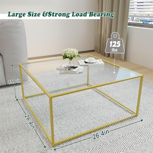 Glass Coffee Table Modern Center Table,Minimalist Coffee Table Sofa Side Tea Table for Living Room,Tempered Glass-top with Sturdy Metal Frame, Easy Assembly,26.4 x 26.4 x 15.7 Inches, Gold