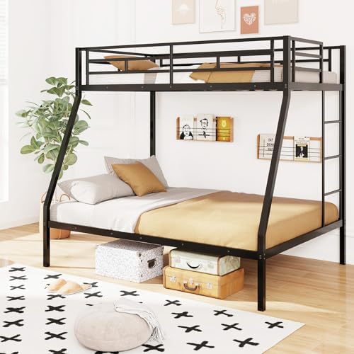 DORTALA Twin Over Full Bunk Bed, Metal Bunk Bed Frame w/Ladder, Safety Rail & Steel Slats, Space-Saving Bunk Beds for Kids Teens Adults, Noise Free for Dorm Bedroom, No Box Spring Needed, Black