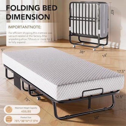 Decofy 75"x38" Folding Bed with Mattress Rollaway Beds on Wheels10 Tubes