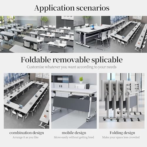 Folding Conference Room Tables, Modular Seminar Conference Table Modern Flip Top Training Meeting Tables, Conference Room Table with Wheels for Home Office Classr, 10 Pack 55.1inch