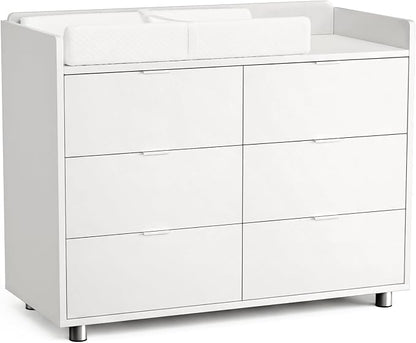 MAMAZING Keeva Pro 6-Drawer Baby Dresser with Changing Table, Easy Assembly | White Wooden Nursery Dresser, Anti-Tip Design & Adjustable Feet, Dresser for Bedroom, Kids & Toddler Storage, 44" Wide