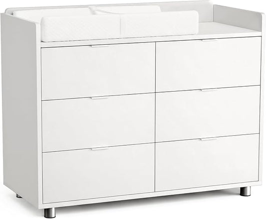 MAMAZING Keeva Pro 6-Drawer Baby Dresser with Changing Table, Easy Assembly | White Wooden Nursery Dresser, Anti-Tip Design & Adjustable Feet, Dresser for Bedroom, Kids & Toddler Storage, 44" Wide