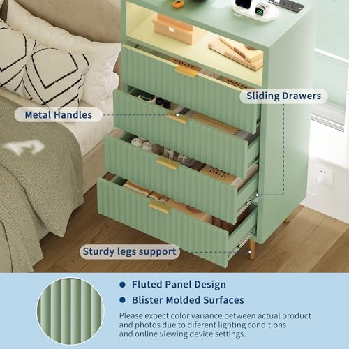 28"W 4 Drawers Dresser for Bedroom with LED and Charging Station, Green