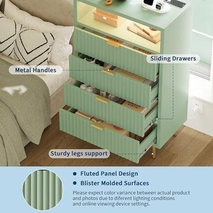 28"W 4 Drawers Dresser for Bedroom with LED and Charging Station, Green