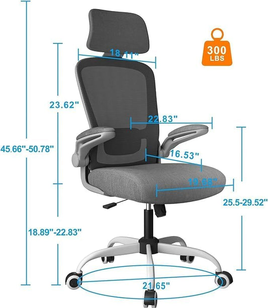 Mimoglad Office Chair, High Back Ergonomic Desk Chair with Adjustable Lumbar Support and Headrest, with flip-up Armrests for Guitar Playing, 5 Years Warranty (Modern, Grey/Gray)