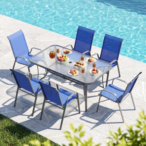 MAMIZO 7 Pieces Patio Dining Set for 6, Glass Table and Textilene Chairs