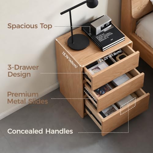 Solid Wood 3-Drawer Nightstand for Bedroom, Oak Wood