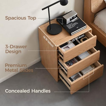 Solid Wood 3-Drawer Nightstand for Bedroom, Oak Wood