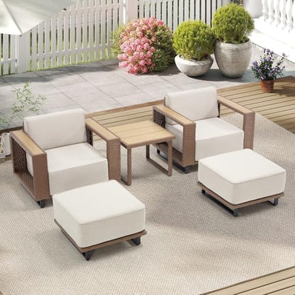 Bonzy Home 4 Piece Patio Furniture Set, Wicker Lounge Chairs Set of 2 with Rattan Side Table and 2 Ottoman, Outdoor Patio Furniture with Extra-Thick Soft Cushions for Porch, Balcony