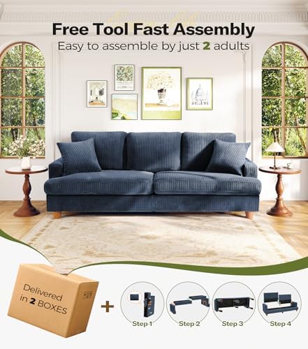 Kidirect 87in Corduroy Couch, 3 Seater Sofa, Sofas & Couches, Blue Couch
