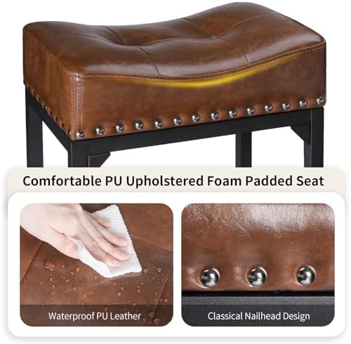 Bar Stools Set of 3, Counter Height Bar Stools for Kitchen Counter, 24 Inch Saddle Backless Barstools Kitchen Stool, Counter Height Stool for Dinning Room, Island-Brown